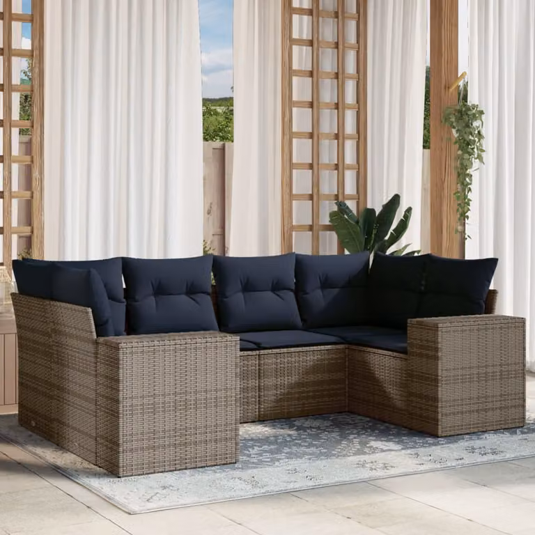 Set di divani da giardino vidaXL a forma di L composto da 6 pezzi in polyrattan con cuscini grigi e blu e coperture rimovibili
