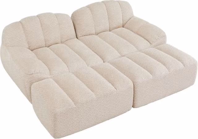 Divano modulare 2 posti con 2 pouf, imbottitura in schiuma ad alta densità 32D, rivestimento in pile granulato beige, ideale per soggiorno e appartamenti