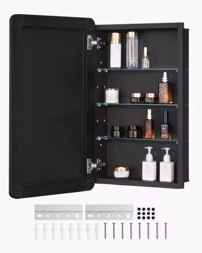Armadietto per Medicinali VEVOR con Specchio e Ripiani in Vetro, Installazione a Incasso o a Parete, Colore Nero, L 42,0 cm x H 70,0 cm