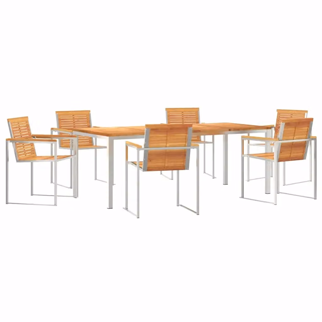 Set da pranzo per giardino e terrazzo vidaXL in legno di acacia e acciaio inossidabile, 7 pezzi, marrone e argento – 2