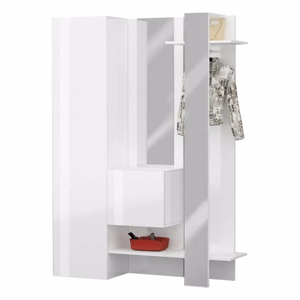 Mobile da ingresso Arabelle DMORA, armadietto multifunzione a 2 ante con specchi e appendiabiti, Bianco lucido, L: 140 cm, P: 35 cm, H: 190 cm – 2