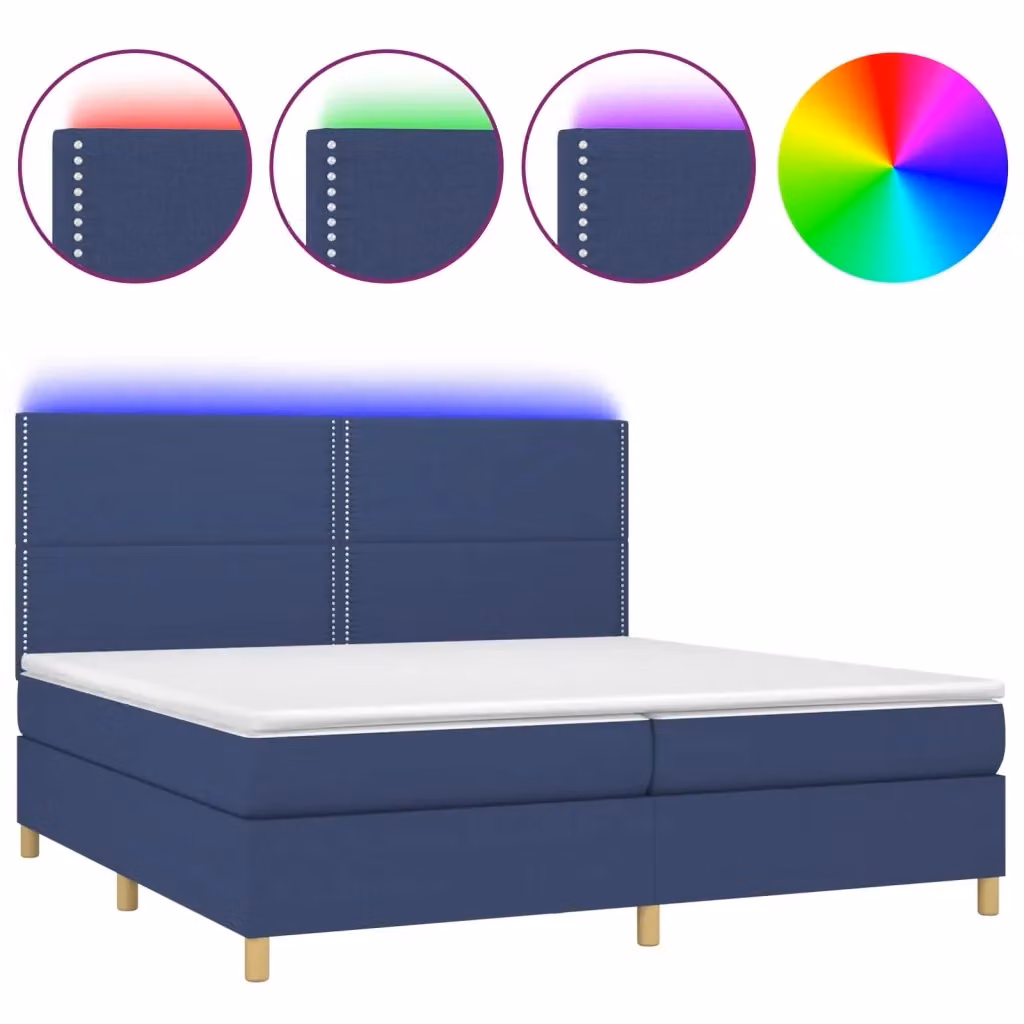 Letto a molle vidaXL con materasso, illuminazione LED blu e porta USB, rivestito in tessuto blu e bianco, L/P: 200 x 200 cm – 2