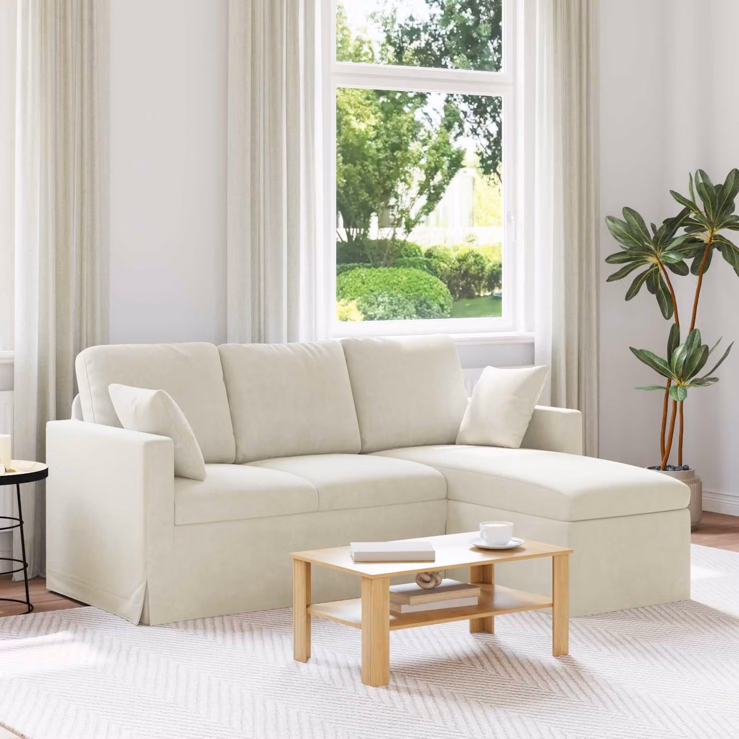 Divano angolare vidaXL in velluto beige con cuscini decorativi, L/P/H: 178 x 134 x 80 cm