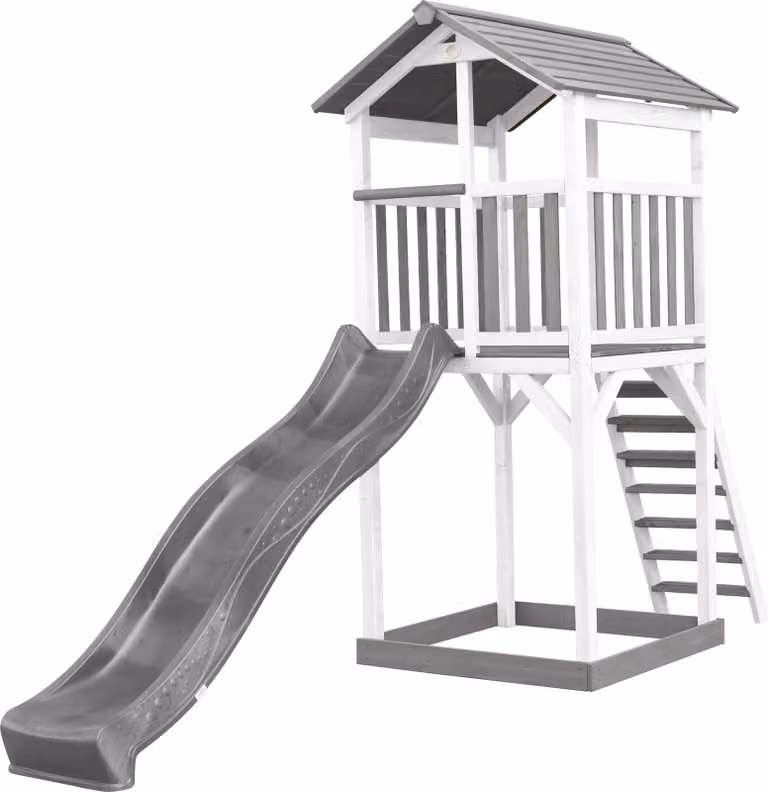 AXI Beach Tower parco giochi di legno in grigio e bianco | Torre di gioco per bambini con sabbiera e scivolo grigio | Casa per bambini su palafitte per il giardino