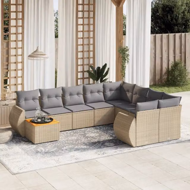 Set Divano da Giardino Moderno VIDAXL in Polyrattan con Cuscini Beige, 10 Pezzi, Forma a L