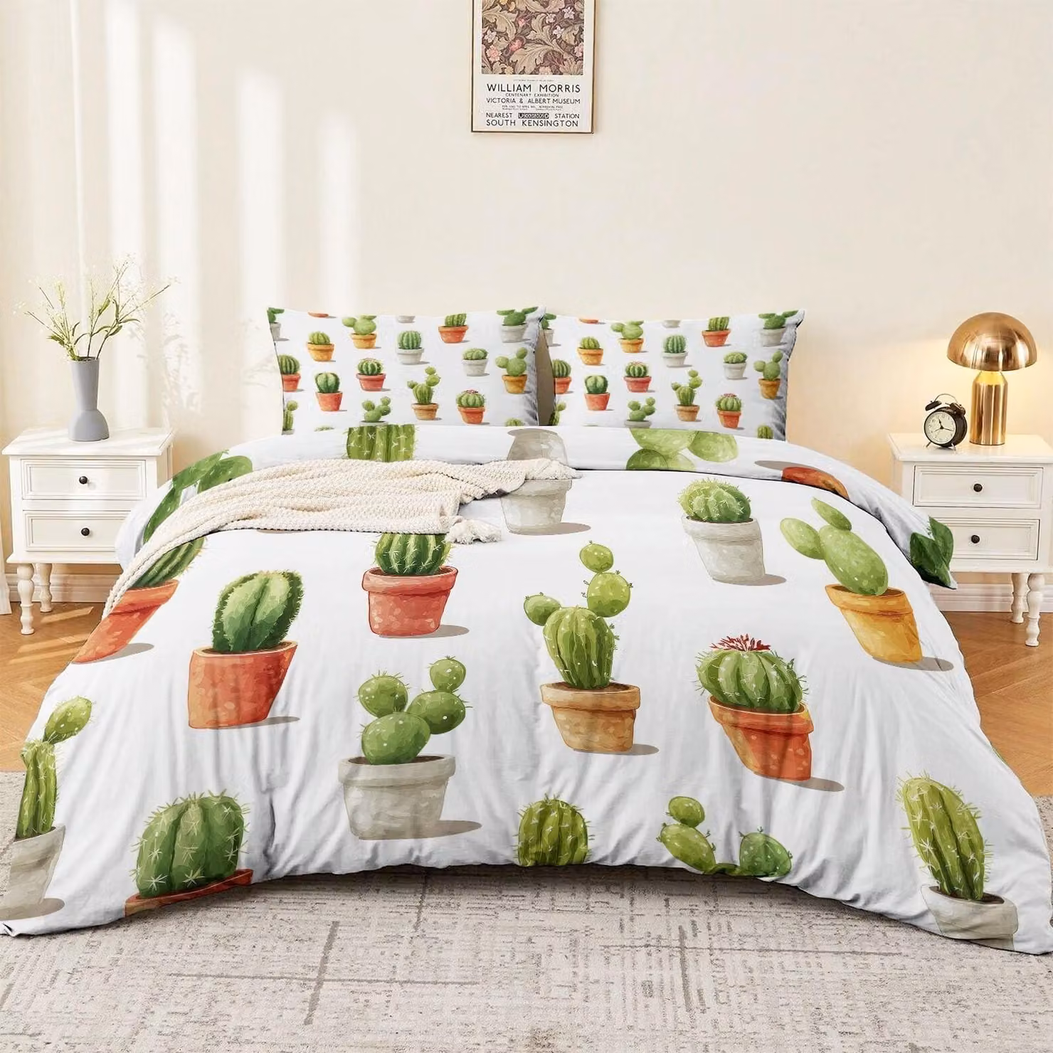 Set di lenzuola con copripiumino reversibile, motivo cactus, taglia super king size