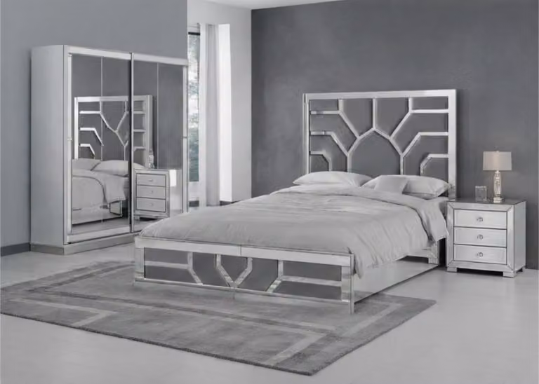 Elegante set da camera da letto composto da 4 elementi, con letto, armadio e tavolino