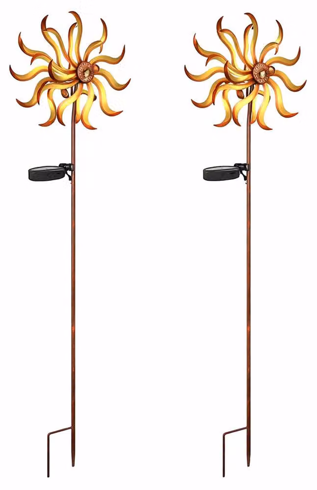 2 lampade solari a LED, con girandola, in metallo dorato, con elementi in vetro rotto, altezza 92 cm