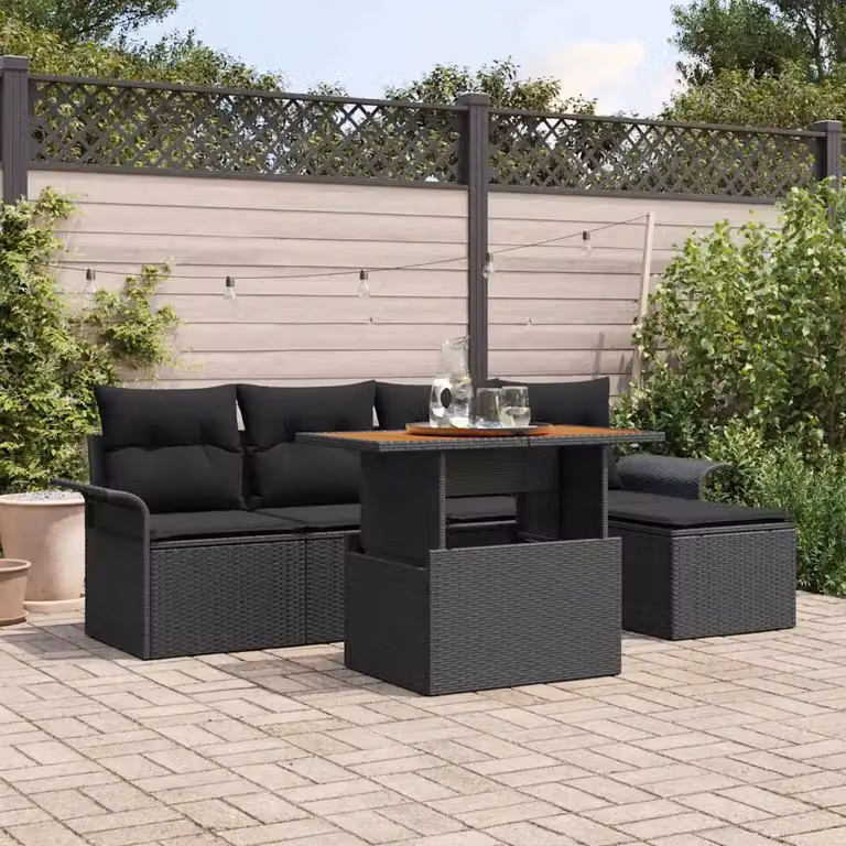 Set Divano da Giardino vidaXL a Forma di L in 6 Pezzi con Tavolino e Cuscini Neri