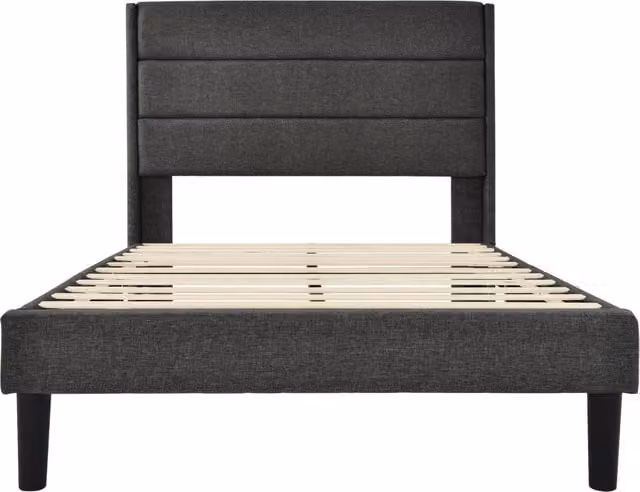 Letto imbottito 90x200 cm con rete a doghe e testiera in tessuto lino grigio