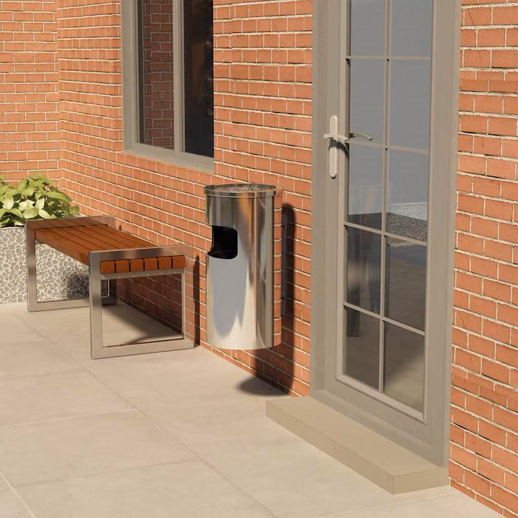 Pattumiera da parete con posacenere vidaXL in acciaio inox color argento, capacità 26 L