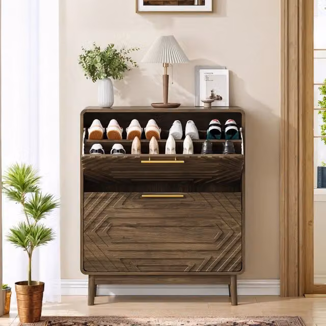 Scarpiera a ribalta con 2 scomparti e vano aperto stile rustico per ingresso in MDF colore noce 91 × 54 × 16 cm