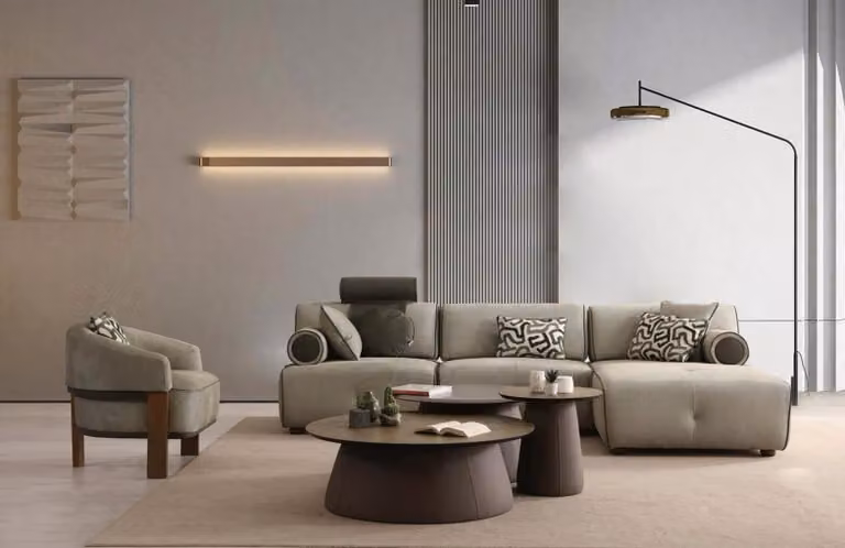 Divano angolare a 3 posti, beige e marrone, moderno, rivestito in tessuto, con poggiatesta, ideale per il soggiorno