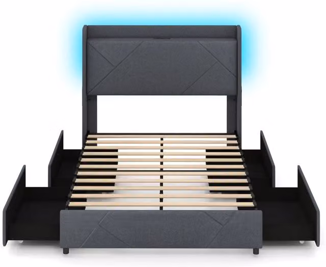 Struttura letto con luci LED letto imbottito con stazione di ricarica, Telaio letto matrimoniale 2 tasche di stoccaggio & 4 cassetti scorrevoli Grigio