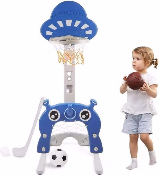 Set di allenamento sportivo 4 in 1 per basket, pallavolo e calcio con anello, regolabile in altezza, colore blu, SENZA MARCA