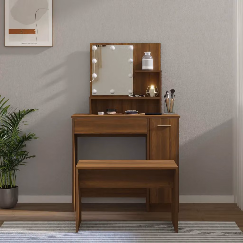 Set Tavolo da Toeletta con LED vidaXL in Rovere Marrone, L: 136,0 cm, P: 35,0 cm, H: 86,5 cm – 1