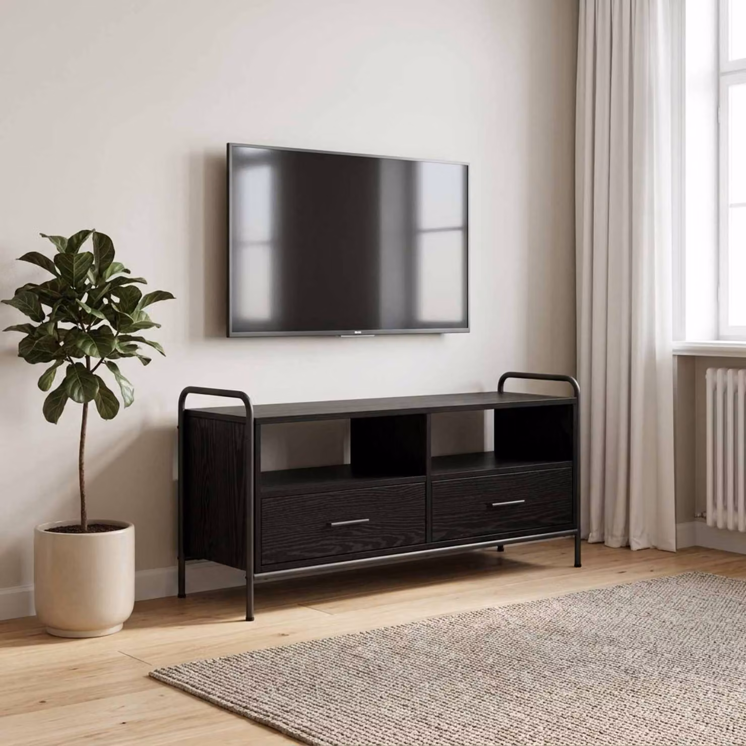 Mobile TV vidaXL Rovere Nero in Legno Ingegnerizzato e Metallo con Ruote L: 67,5 cm, P: 33 cm, H: 50 cm