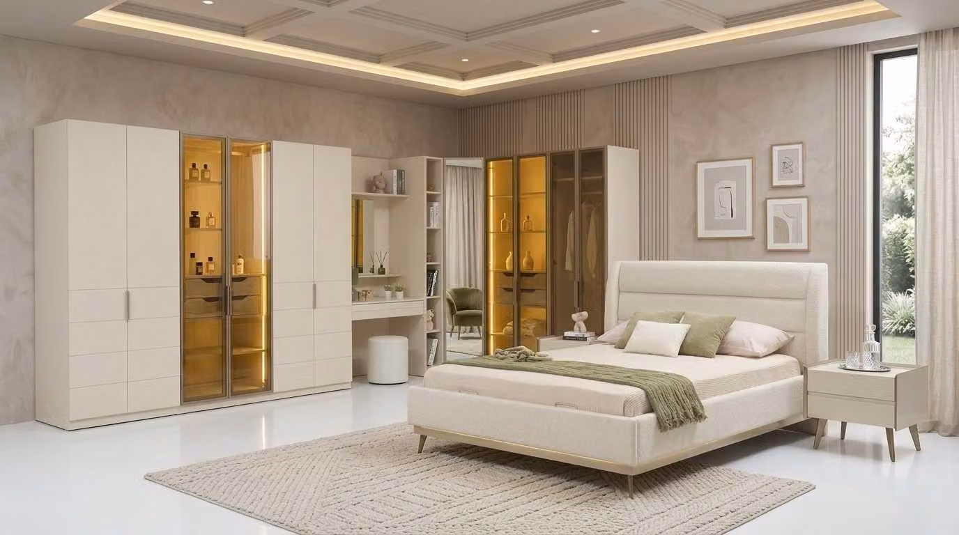 Set per camera da letto beige, moderno e composto da letto, armadio angolare e comodini