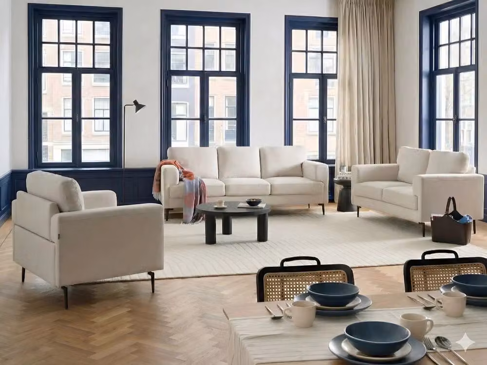 Set da salotto Beliani IT in stile Mid Century con divano a 3 posti, divano a 2 posti e poltrona, rivestimento in tessuto beige e gambe in metallo nero – 2