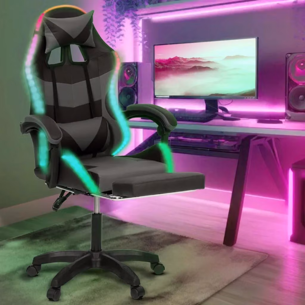 Sedia da gioco IDMarket LUC LED con poggiapiedi, cuscino per la testa e supporto lombare, nero e grigio – 2