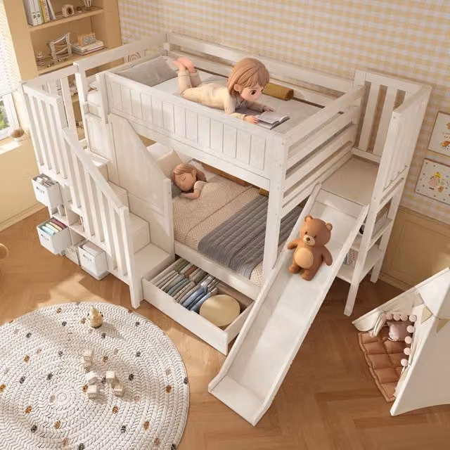 Letto a castello per bambini 90 × 200 cm 2 posti con scivolo, scala con armadio e cassetti, senza materasso
