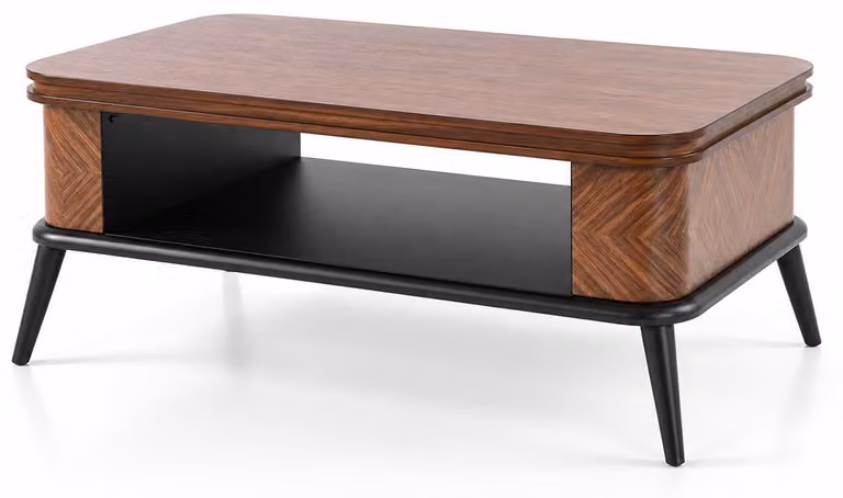 Tavolino da caffè in legno con motivo geometrico a rombi, struttura in metallo, design moderno