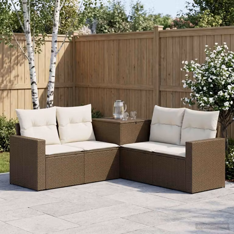Set di divani da giardino vidaXL in polyrattan marrone e bianco con cuscini inclusi e struttura in metallo