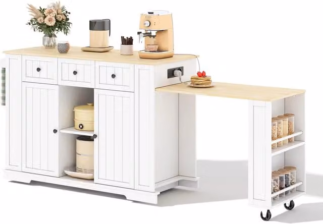 Carrello da cucina moderno bianco con 2 ante, 2 cassetti, ripiani regolabili e prese USB, ideale per cucina e sala da pranzo, L: 138.0 cm, P: 55.0 cm, H: 93.0 cm