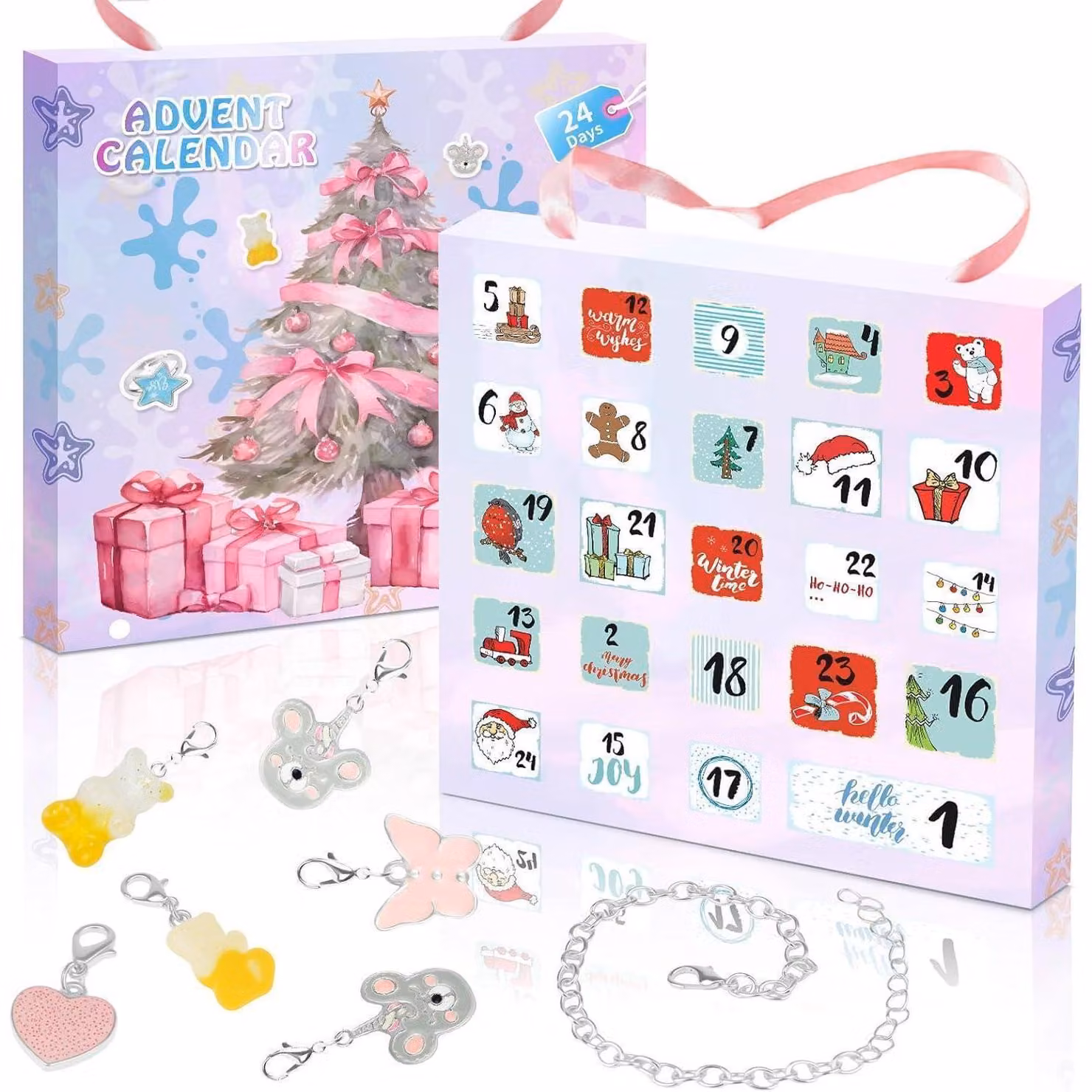 Calendario dell'Avvento 2025: Kit per creare braccialetti fai-da-te per bambine, 24 giorni, con ciondoli rosa - 1