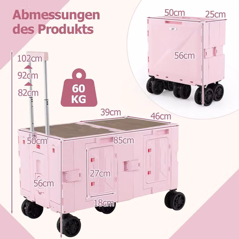 Carrello pieghevole con piano del tavolo, maniglia regolabile, rosa