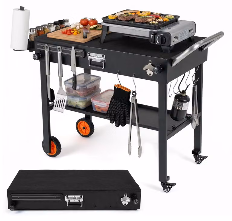 COSTWAY, carrello per barbecue da esterno, tavolo pieghevole per barbecue, carrello di servizio in metallo con ruote, superficie di lavoro di 82 x 46 cm e tappetino protettivo dal calore, tavolo per pizza resistente alle intemperie