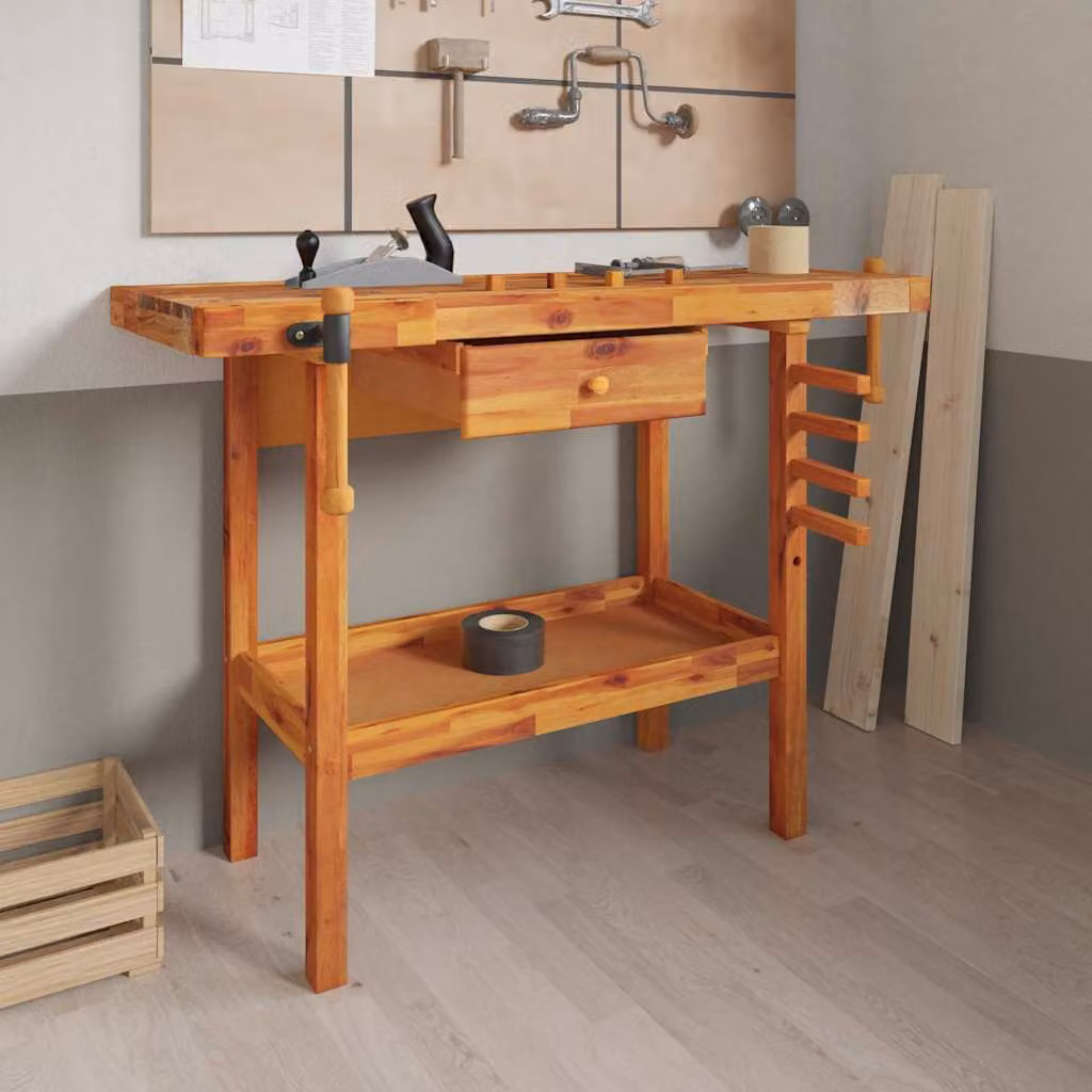 vidaXL Banco da lavoro in legno di acacia marrone con cassetto e morse L/P/H: 124 x 52 x 83 cm