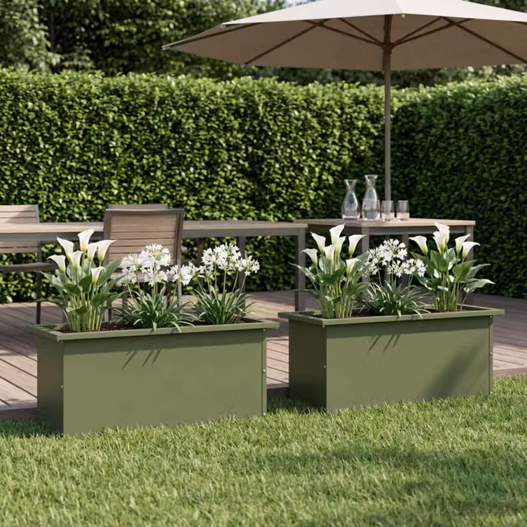 Set di 2 fioriere da giardino con LED vidaXL in acciaio, colore verde oliva, L 80 x P 30 x H 30 cm