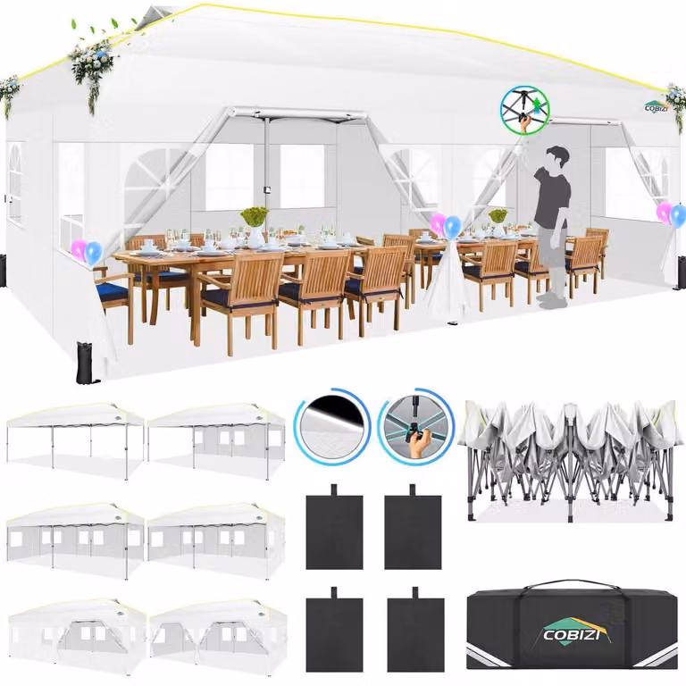 Tenda pop-up impermeabile e resistente al freddo, dimensioni 3x6 metri, con 6 pareti laterali e apertura di ventilazione, colore bianco