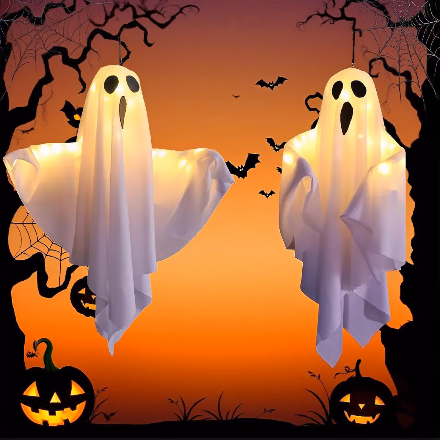 2 decorazioni LED a forma di fantasma per Halloween, con 3 modalità di illuminazione, da appendere, 50x40 cm, colore bianco