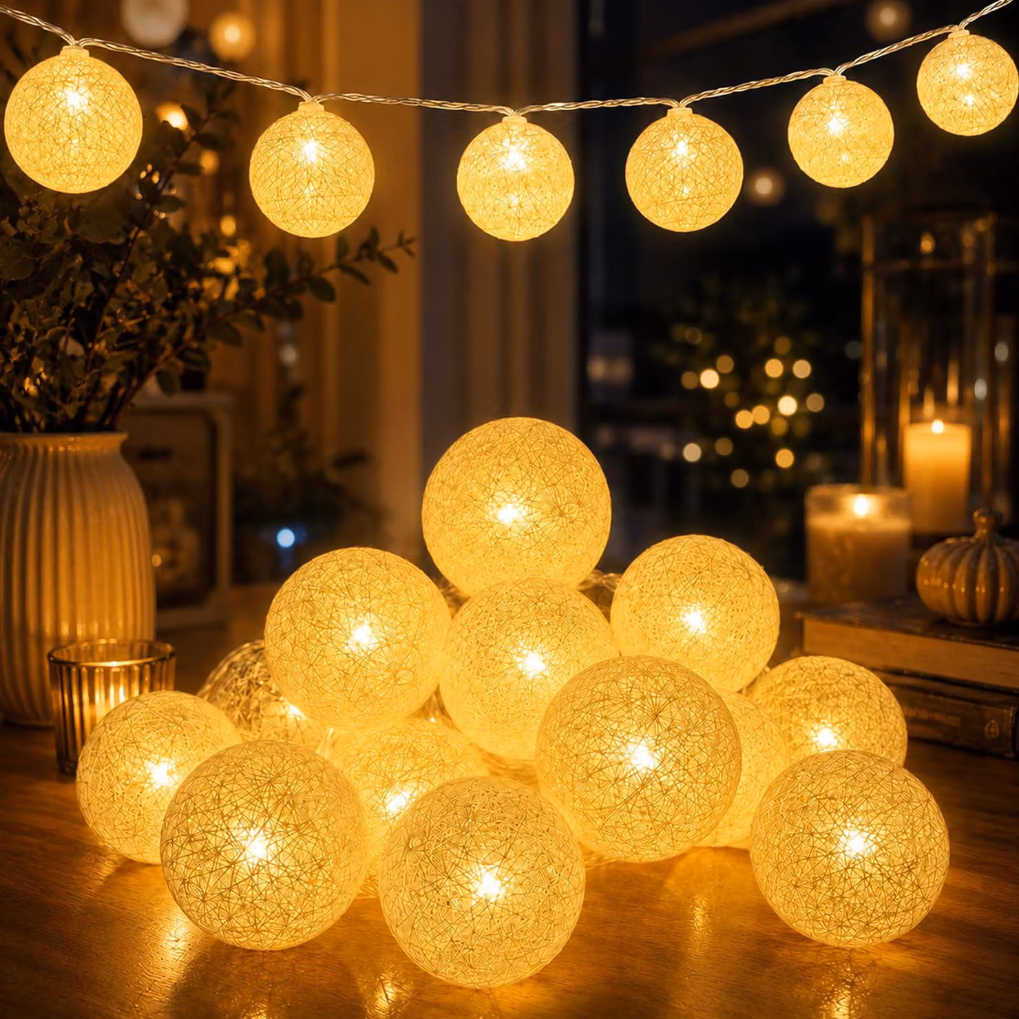 Catena luminosa con 20 palline di cotone, lunghezza 300 cm, luce bianco caldo, alimentata a batteria