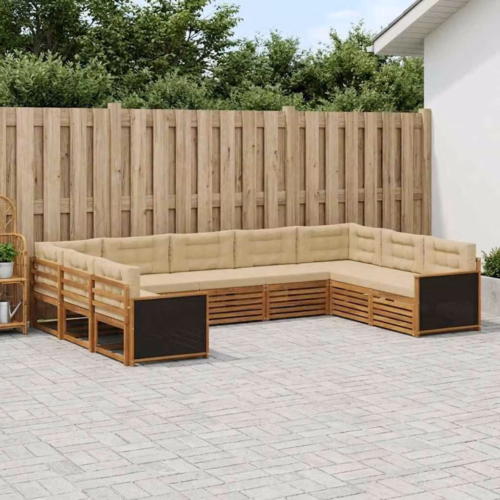 vidaXL Set di divani da esterno a L in legno di acacia con cuscini, 9 pezzi, Beige e Marrone