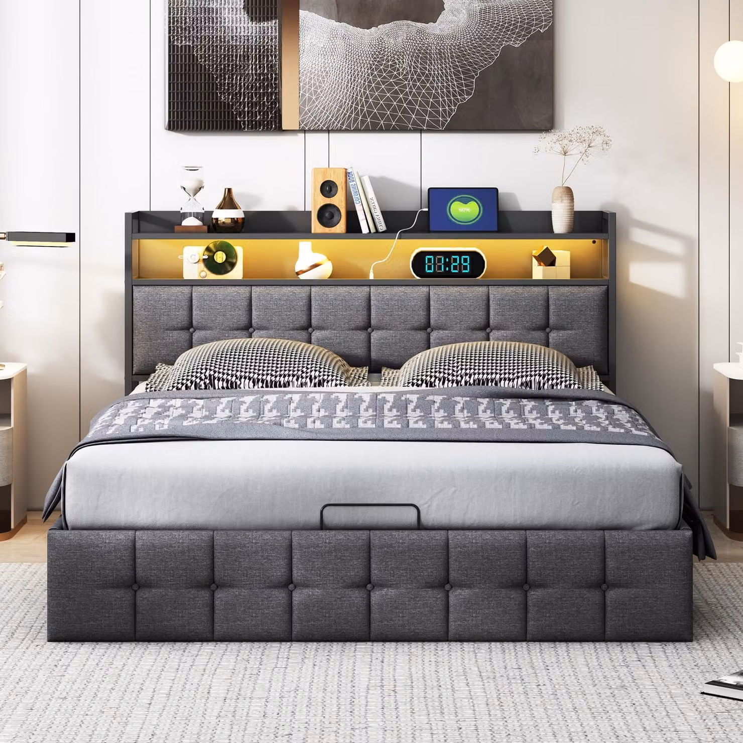Letto imbottito ProximaX 140x190 cm con illuminazione LED RGB e connessione USB - Letto in tessuto grigio con funzione di memoria a pressione di gas, letto matrimoniale con contenitore e design moderno