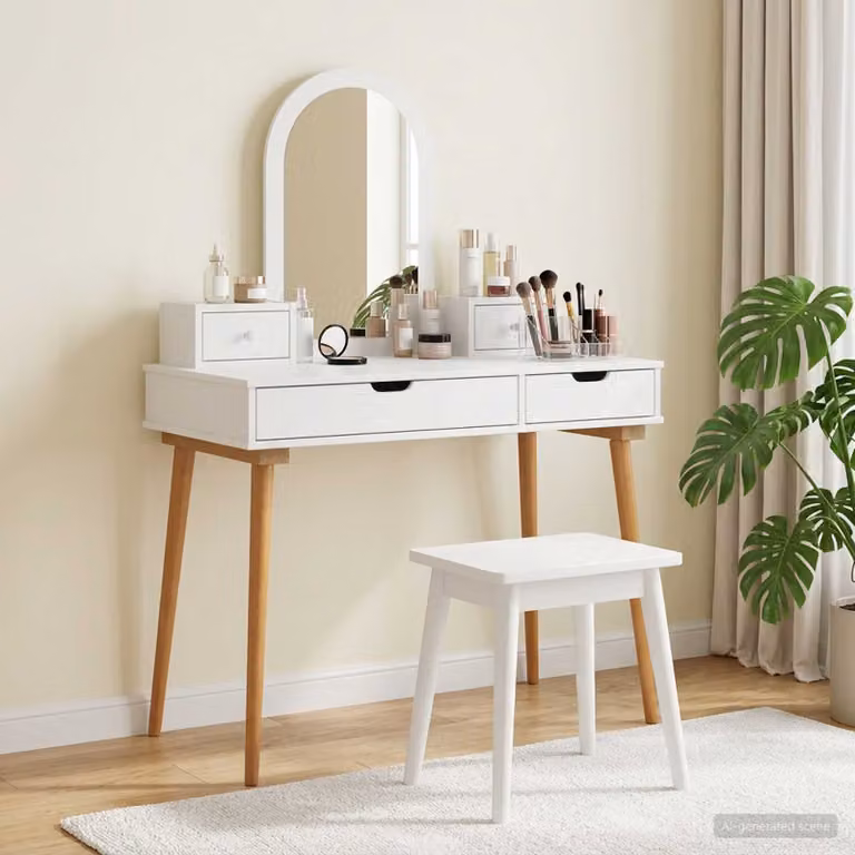 Set Tavolo da Trucco vidaXL FAUSKE 4 pz Bianco L: 100 cm, P: 50 cm, H: 143 cm