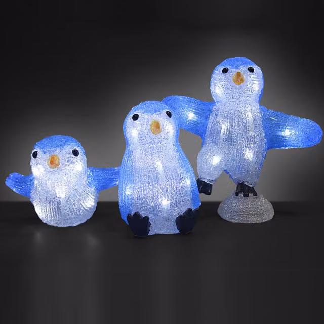 Decorazione natalizia LED Deuba® con famiglia di pinguini in acrilico, colori bianco, nero, giallo e blu, H: 23 cm, L: 10 cm, P: 3 cm