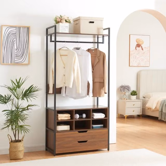 Organizzatore Guardaroba Larem en.casa Mobile Porta Abiti con Scomparti, Nero e Effetto Noce, H: 180 cm, L: 84 cm, P: 40 cm