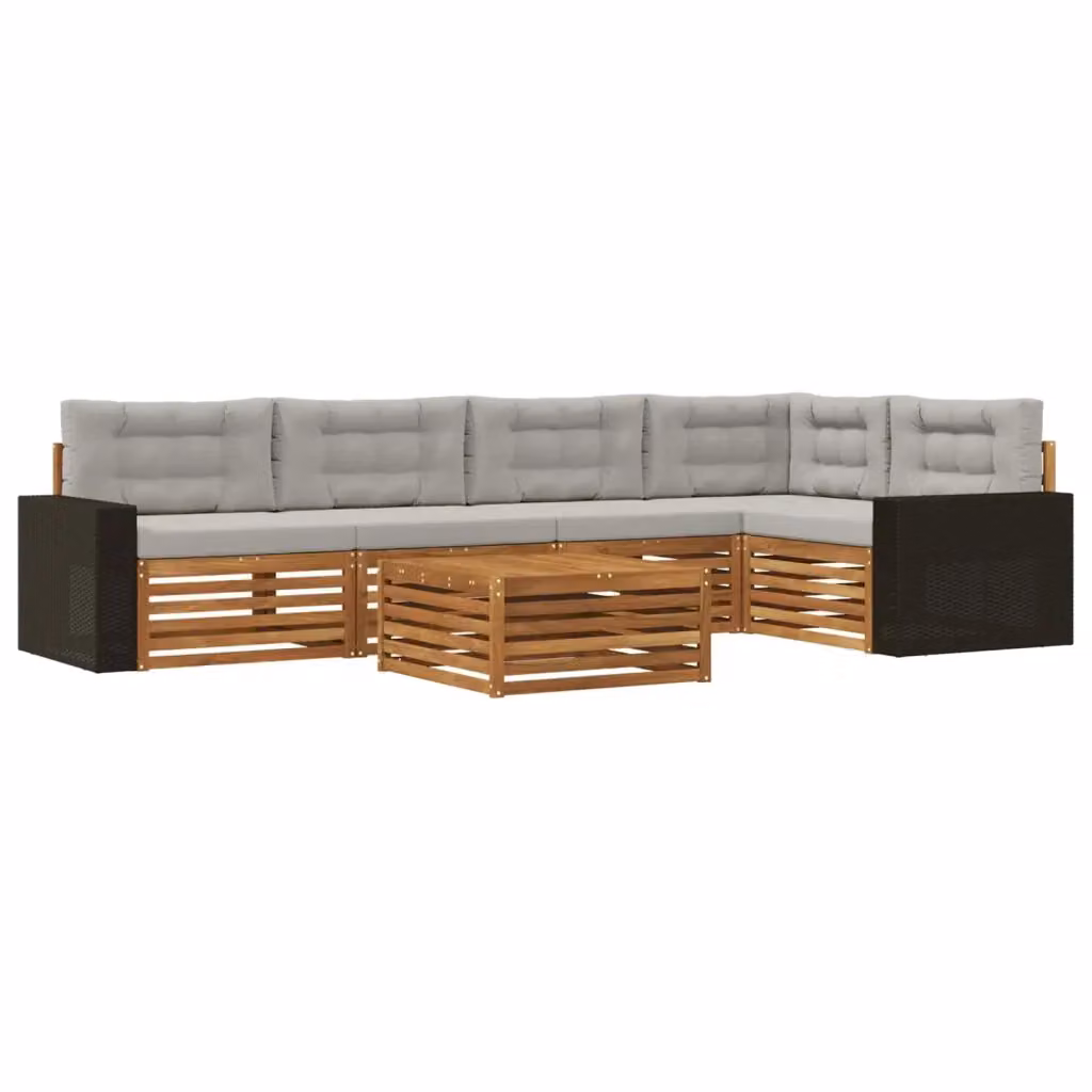 Set di divani da esterno vidaXL a forma di L con tavolo da caffè, in legno di acacia trattato, colore beige e grigio, composto da 6 pezzi con cuscini inclusi – 2