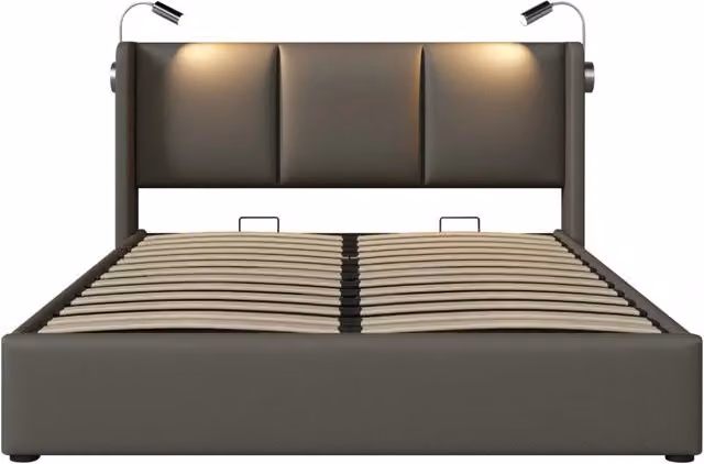 Letto matrimoniale imbottito con contenitore 140x200 cm, testiera con luce da lettura e ricarica USB, struttura in legno massello, PU e metallo grigio