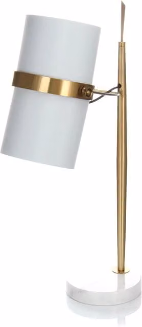 Lampada da tavolo KENDRA HOME in marmo bianco e metallo dorato con paralume in tessuto cilindrico