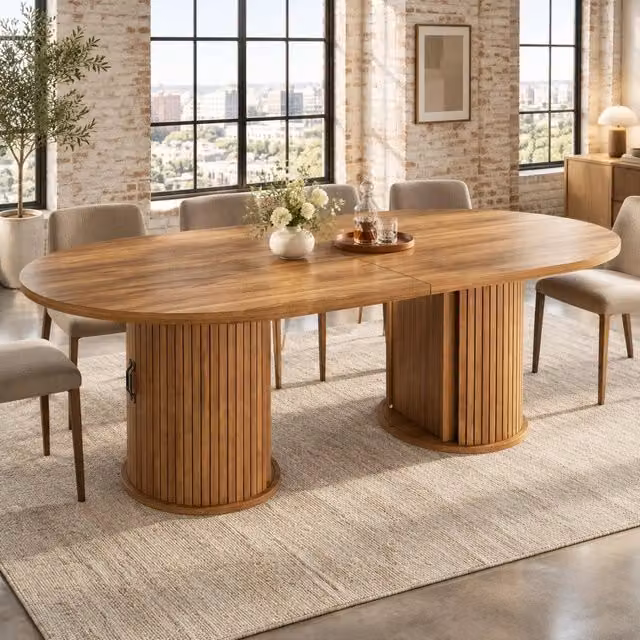 Tavolo da pranzo allungabile in MDF con maniglie in metallo, colore marrone scuro, 150-190 cm
