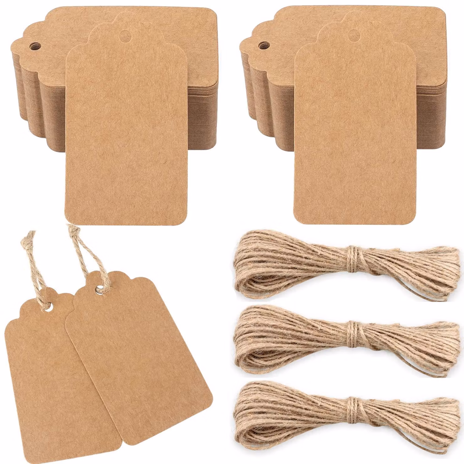 Etichette regalo, 200 pezzi, carta kraft, 7x4 cm, colore marrone, con corda di iuta