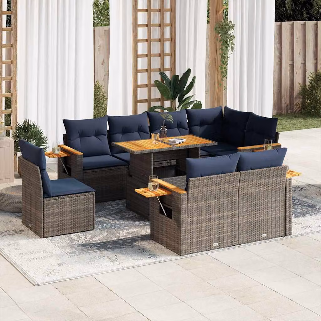 Set Divano da Giardino vidaXL 9 Pezzi a Forma di L in Polyrattan e Legno di Acacia con Cuscini Grigio e Blu
