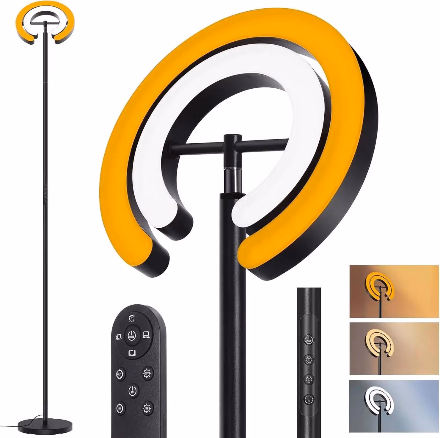 Lampada da terra - Lampada da terra a LED - 192 cm - Telecomando - Doppio anello, rotazione di 312° - Intensità regolabile - Temperatura di colore regolabile da 1900 a 6500 K - Colore: nero