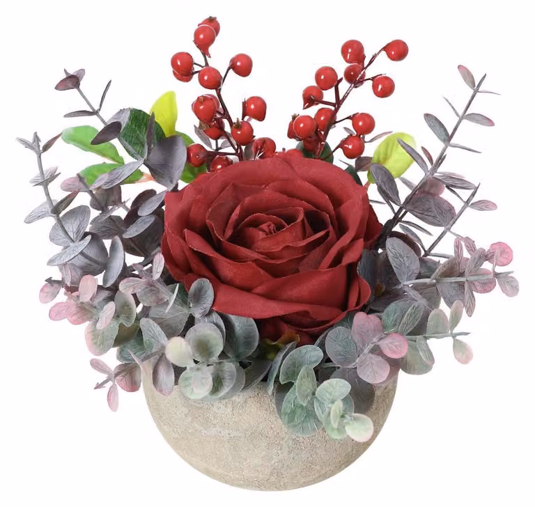 Fiori artificiali con vaso, rose di seta ed eucalipto, colore bordeaux, altezza 15 cm