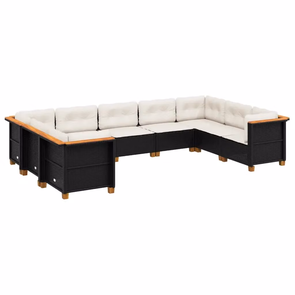 Set di divani da giardino vidaXL in polyrattan nero con cuscini bianchi e struttura in legno di acacia – 2